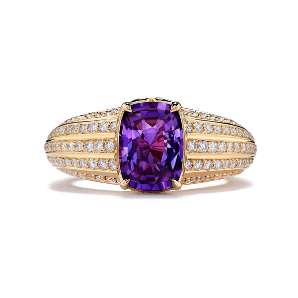 Unheated Ceylon Vivid Purple Sapphire Ring with D Flawless Diamonds set in 18K Yellow Gold