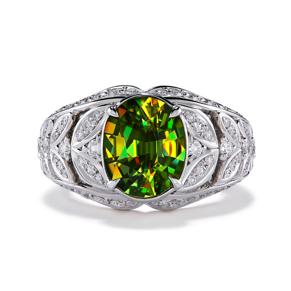Green Sphene Ring with D Flawless Diamonds set in 18K White Gold
