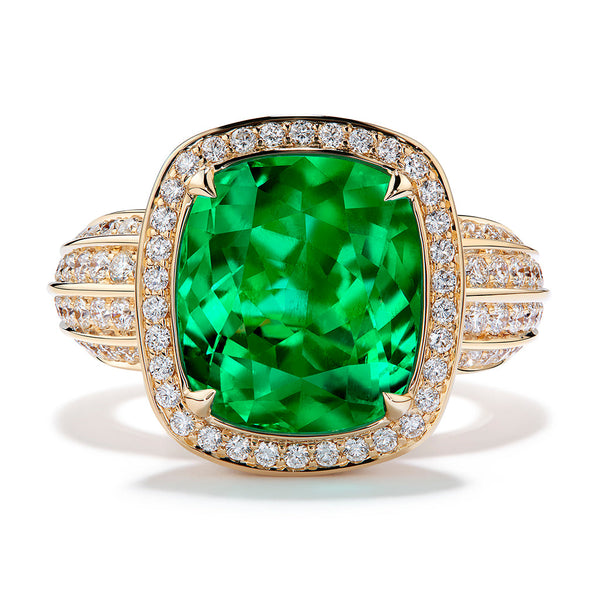 Muzo Vivid Green Colombian Emerald Ring with D Flawless Diamonds set in 18K Yellow Gold