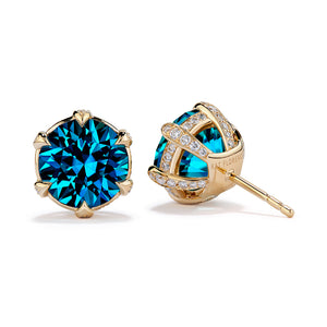 Blue Zircon Earrings with D Flawless Diamonds set in 18K Yellow Gold