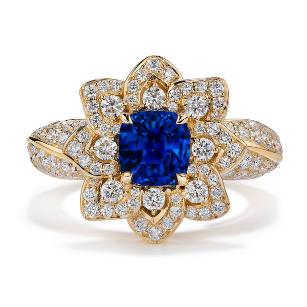 Unheated Royal Blue Sapphire Ring with D Flawless Diamonds set in 18K Yellow Gold
