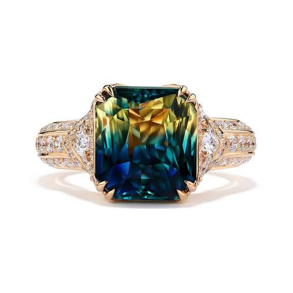 Unheated Bi Color Sapphire Ring with D Flawless Diamonds set in 18K Yellow Gold