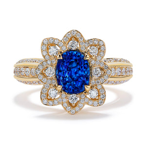 Unheated Burmese Cornflower Blue Sapphire Ring with D Flawless Diamonds set in 18K Yellow Gold