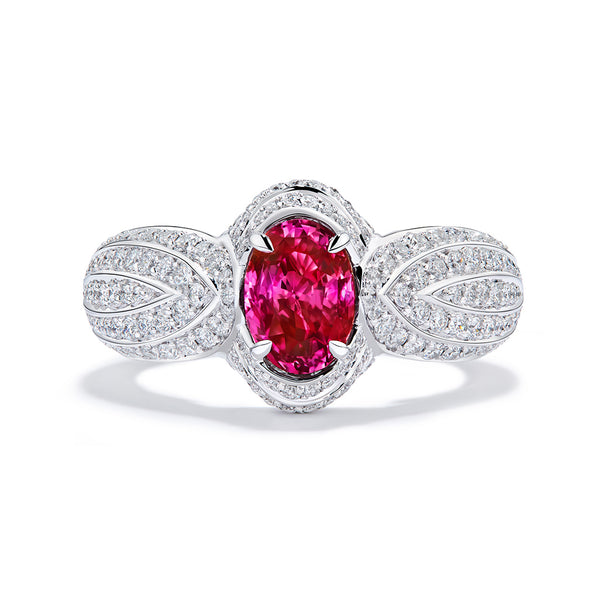 Unheated Montepuez Jedi Pink Sapphire Ring with D Flawless Diamonds set in 18K White Gold
