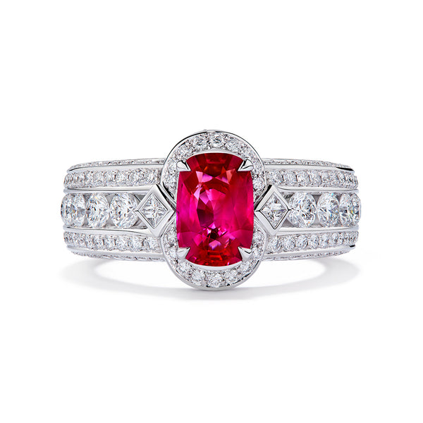 Unheated Mogok Vivid Red Ruby Ring with D Flawless Diamonds set in 18K White Gold