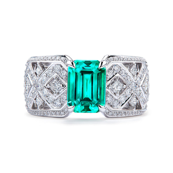 No Oil Muzo Colombian Emerald Ring with D Flawless Diamonds set in 18K White Gold