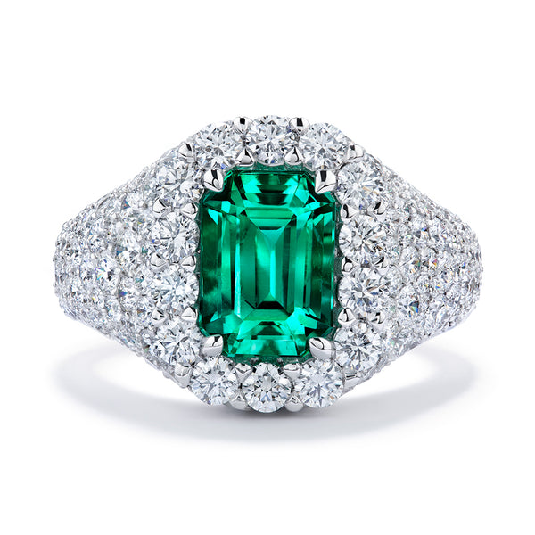 No Oil Muzo Colombian Emerald Ring with D Flawless Diamonds set in 18K White Gold