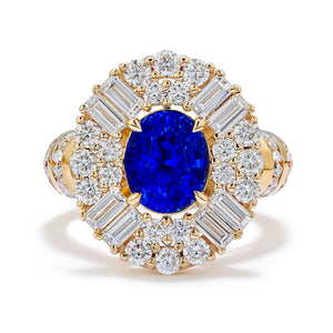 Unheated Burmese Peacock Blue Sapphire Ring with D Flawless Diamonds set in 18K Yellow Gold