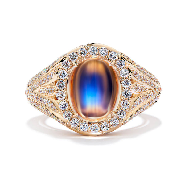 Ceylon Blue Moonstone Ring with D Flawless Diamonds set in 18K Yellow Gold