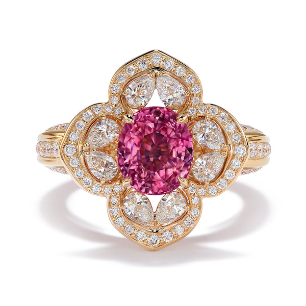 Unheated Lotus Padparadscha Sapphire Ring with D Flawless Diamonds set in 18K Yellow Gold