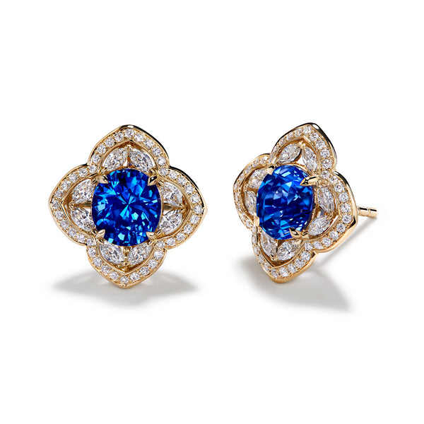 Unheated Cornflower Blue Sapphire Earrings with D Flawless Diamonds set in 18K Yellow Gold