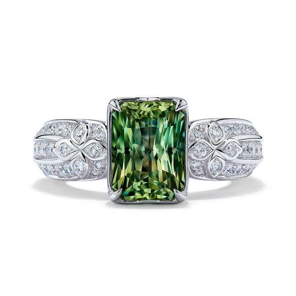 Unheated Green Sapphire Ring with D Flawless Diamonds set in 18K White Gold