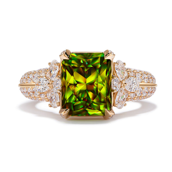 Green Sphene Ring with D Flawless Diamonds set in 18K Yellow Gold