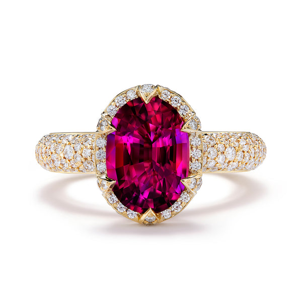 Neon Rubellite Tourmaline Ring with D Flawless Diamonds set in 18K Yellow Gold