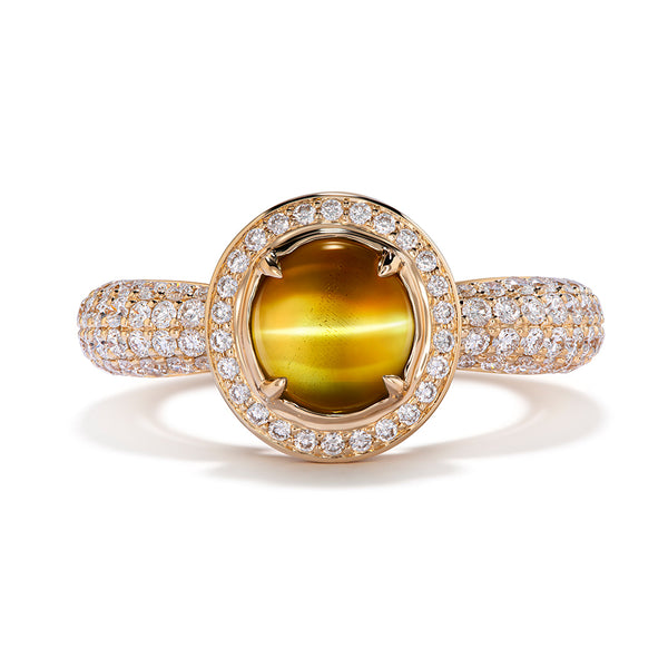 Ceylon Milk And Honey Cat Eye Chrysoberyl Ring with D Flawless Diamonds set in 18K Yellow Gold