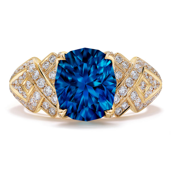 Blue Zircon Ring with D Flawless Diamonds set in 18K Yellow Gold