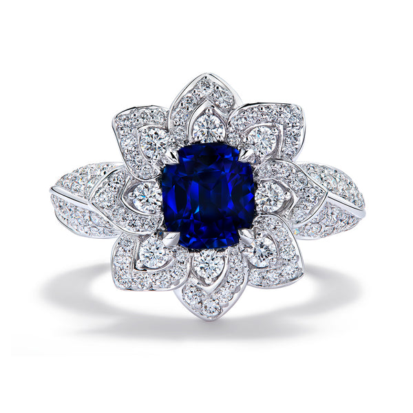 Unheated Pailin Royal Blue Sapphire Ring with D Flawless Diamonds set in 18K White Gold