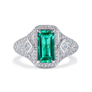 No Oil Russian Emerald Ring with D Flawless Diamonds set in 18K White Gold