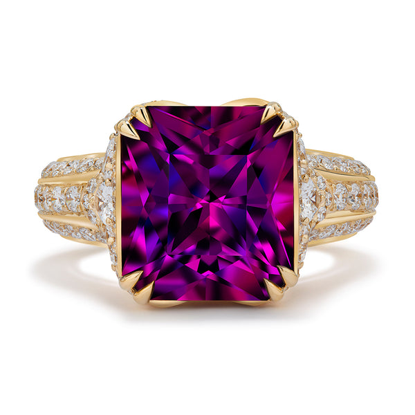 Blue Magenta Garnet Ring with D Flawless Diamonds set in 18K Yellow Gold