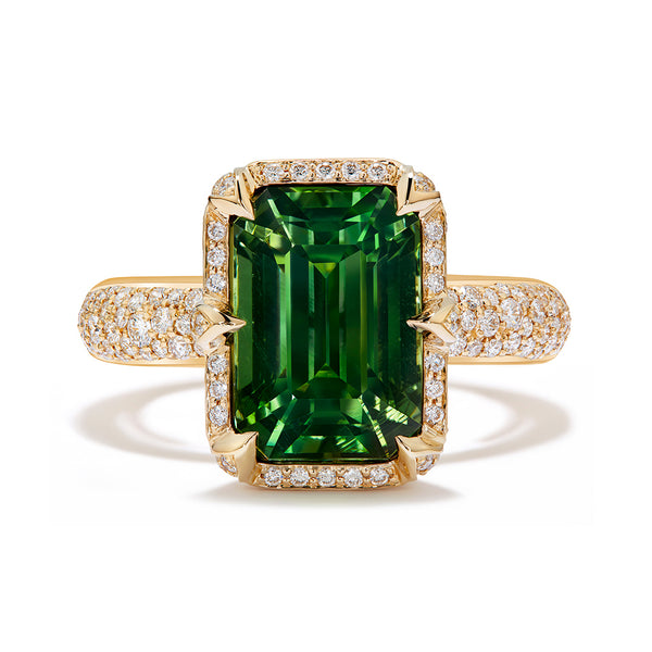 Ceylon Green Zircon Ring with D Flawless Diamonds set in 18K Yellow Gold